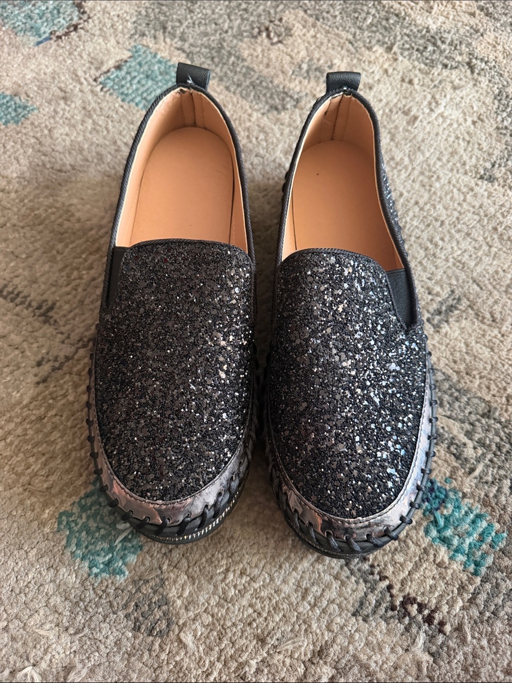 New Women's Black Glitter Slip-On Loafers